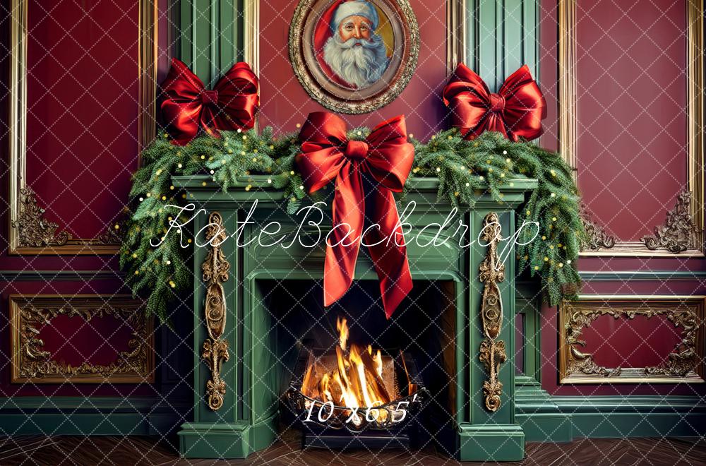 Kate Christmas Retro Green Fireplace Garland Red Bow Backdrop Designed by Mandy Ringe Photography