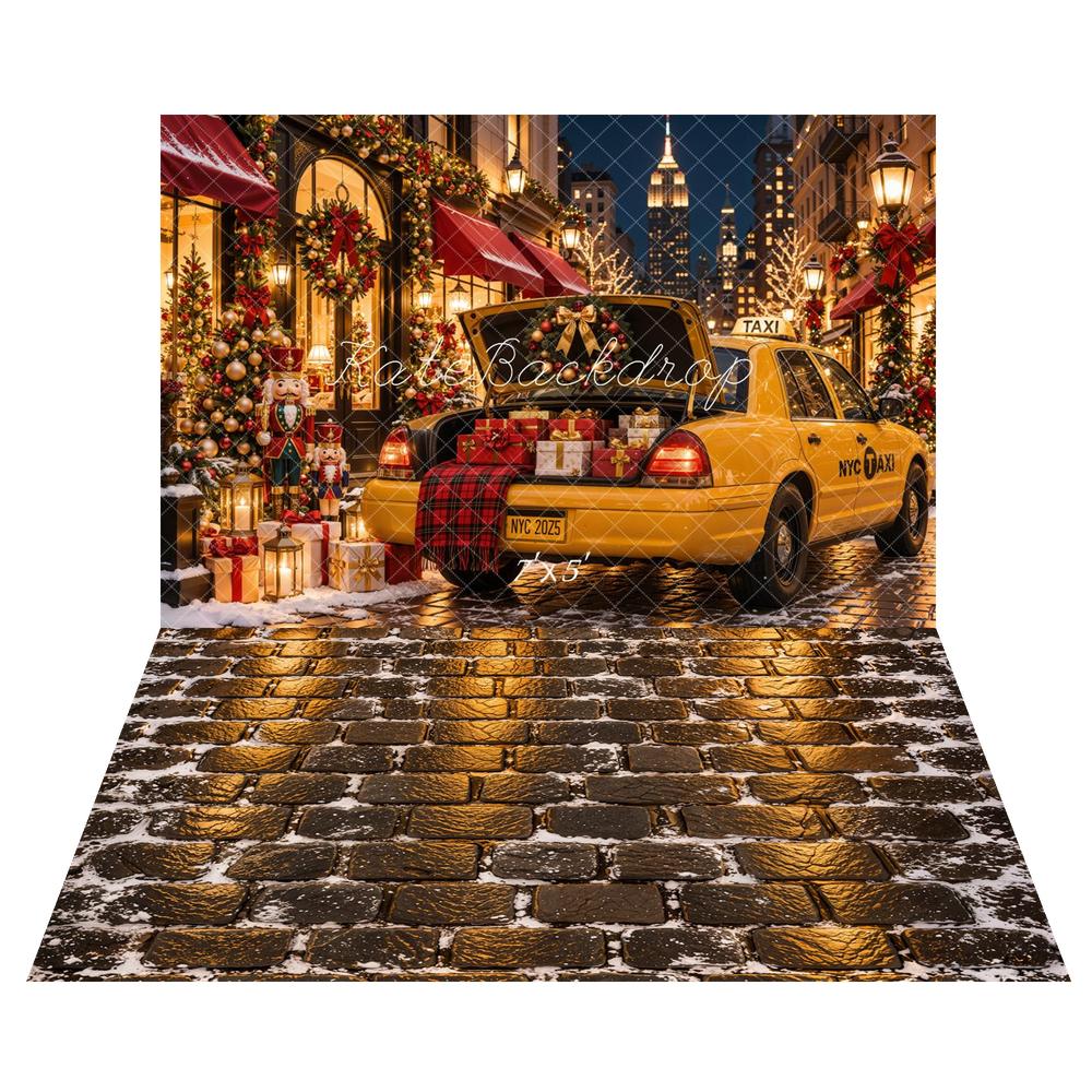 Kate Christmas Urban New York City Yellow Taxi Gifts Printed Backdrop+Winter Snowy Brick Floor Printed Backdrop