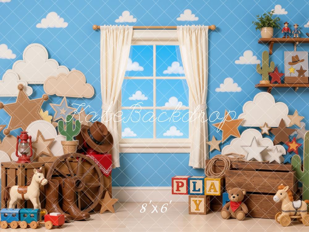 Kate Birthday Cowboy Western Clouds Cactus Stars Toys Printed Backdrop Designed by Mini MakeBelieve