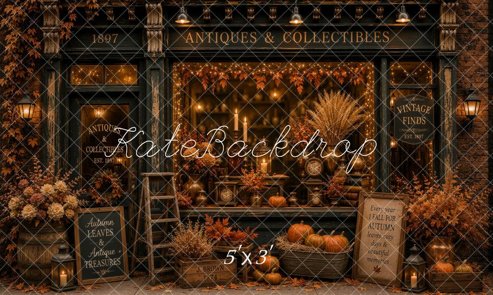 Kate Fall Antique Store Pumpkins Maple Leaves Lanterns Printed Backdrop Designed by Ashley Ward