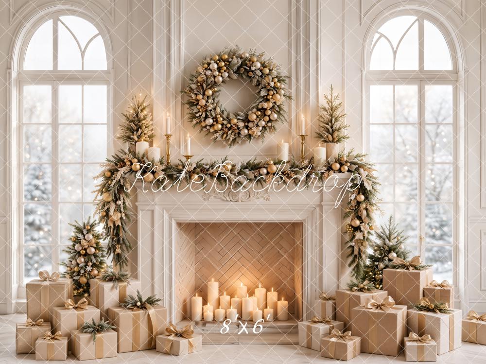 Kate Christmas Fireplace Wreath Garland Gifts White Window Printed Backdrop Designed by Emetselch