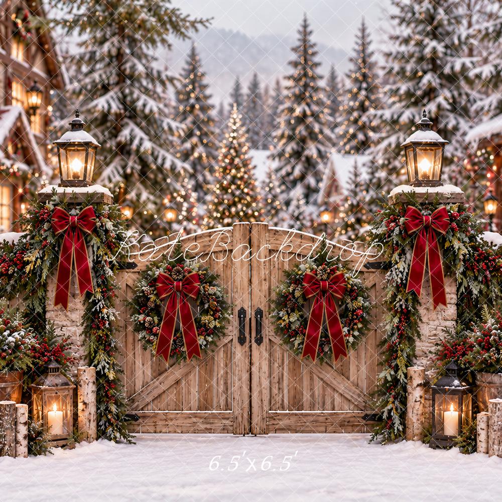 Kate Christmas Wooden Gate Snowy Village Red Bows Trees Printed Backdrop Designed by Ashley Paul