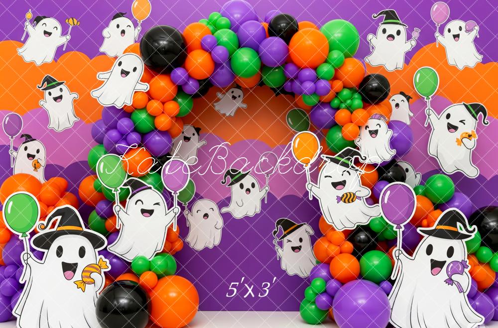 Kate Halloween Cake Smash Ghost Balloon Arch Purple Orange Backdrop Designed by Patty Roberts