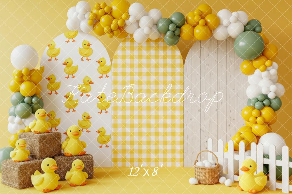 Kate Cake Smash Duckling Balloons Yellow Plaid Arches Backdrop Designed by Patty Roberts