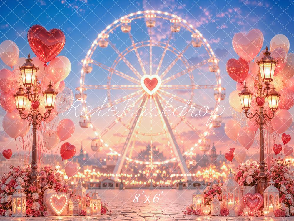 Kate Valentine's Day Ferris Wheel Hearts Balloons Street Printed Backdrop Designed by Emetselch