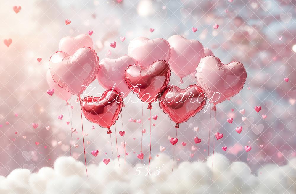 Kate Valentines Pink Heart Balloons Clouds Printed Backdrop Designed by Emetselch