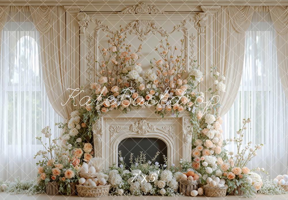 Kate Easter Bunny Flower Arch Fireplace Printed Backdrop Designed by Mini MakeBelieve