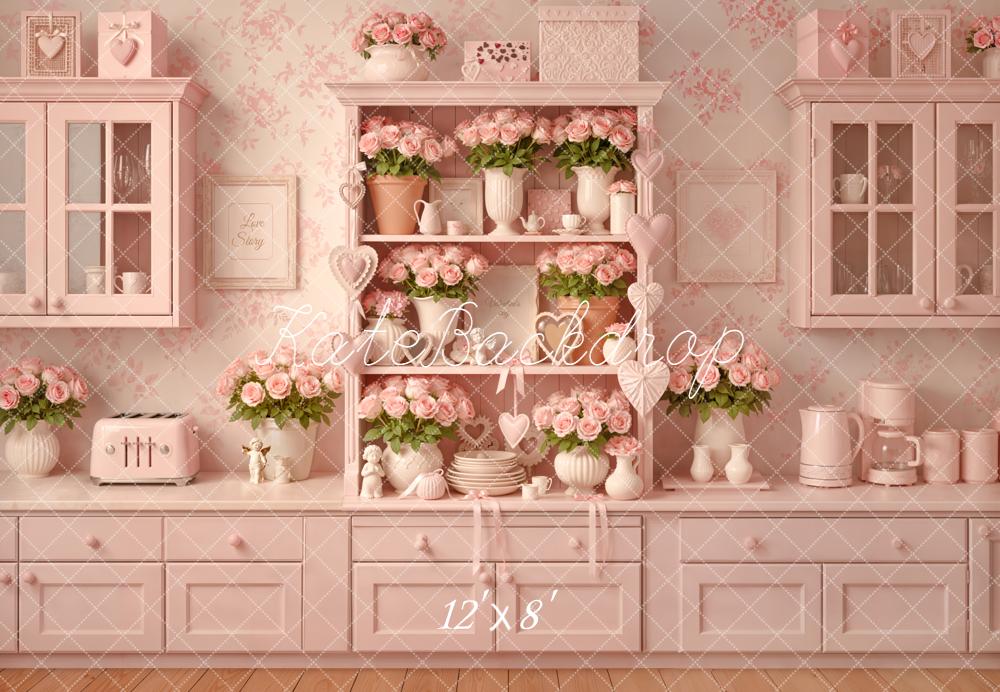 Kate Valentines Pink Kitchen Cabinet Roses Vases Heart Printed Backdrop Designed by Emetselch