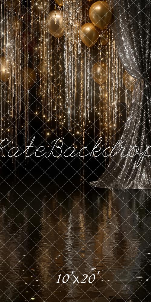 Kate New Year Gold Balloons Glittering Streamers Sequin Curtains Black Printed Backdrop Designed by Emetselch