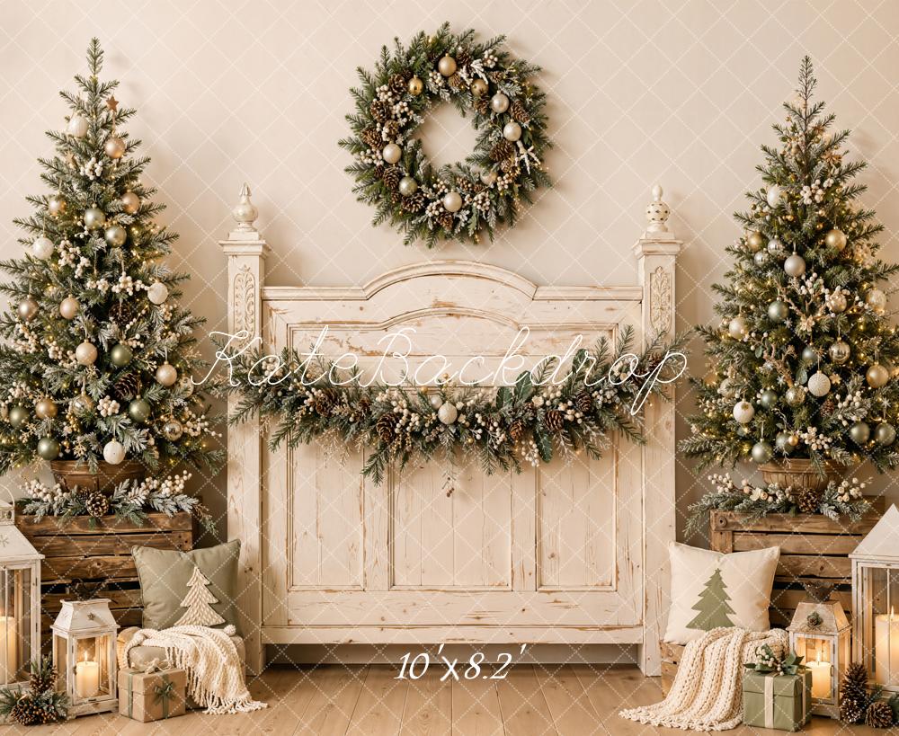 Kate Christmas Rustic Headboard Trees Wreath Lanterns Printed Backdrop Designed by Emetselch