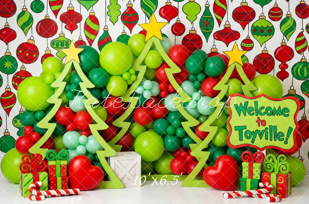 Kate Christmas Whimsical Balloon Trees Ornaments Presents Kids Printed Backdrop Printed Backdrop Designed by Patty Roberts