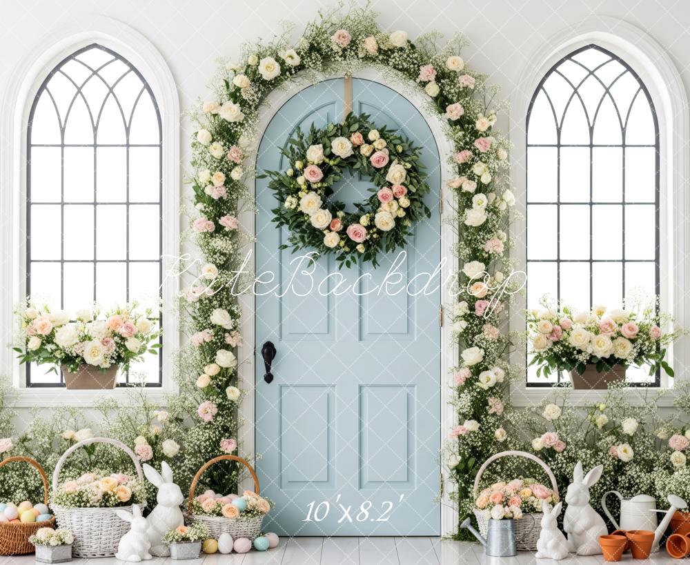 Kate Easter Bunny Floral Arch Blue Door Backdrop Designed by Patty Roberts