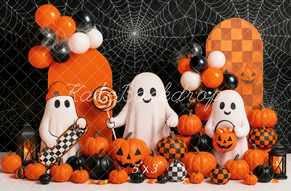 Kate Halloween Ghosts Pumpkins Balloons Spiderweb Backdrop Designed by Ashley Paul