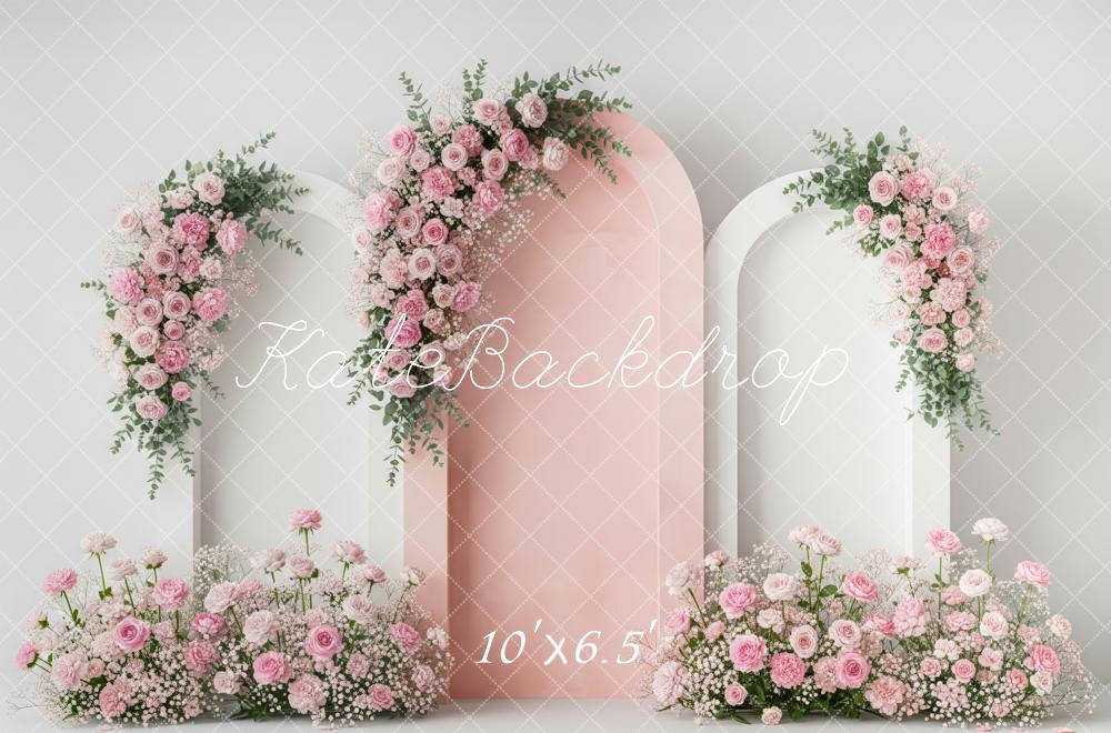 Kate Spring Pink Flower Arch With Floral Arrangements Printed Backdrop Designed by Patty Roberts