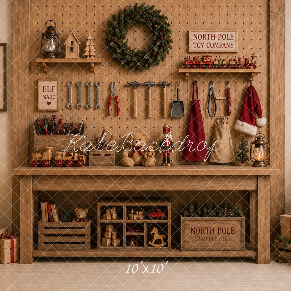Kate Christmas Toy Workshop Wood Mantel Printed Backdrop Designed by Caitlin Lynch