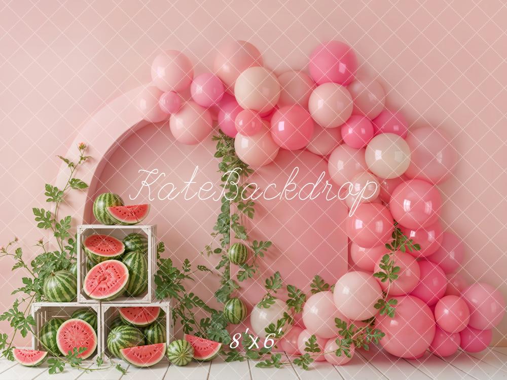 Kate Cake Smash Pink Balloon Arch Watermelon Crate Printed Backdrop Designed by Emetselch