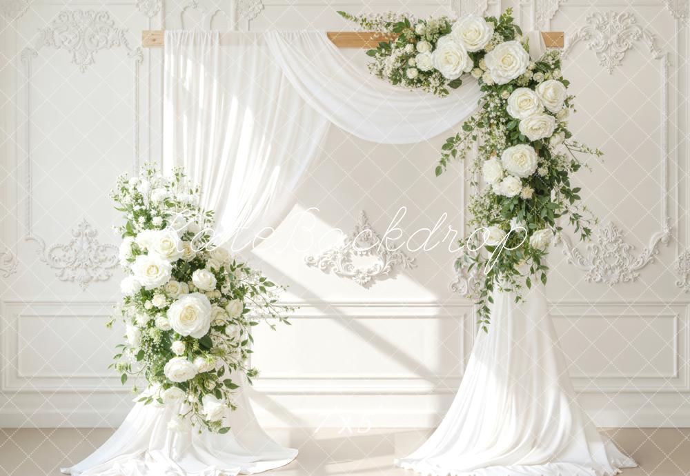 Kate Spring Wedding Flower Arch White Drapes Backdrop Designed by Emetselch