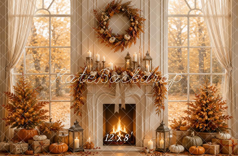 Kate Fall Fireplace Window Pumpkin Wreath Cozy Printed Backdrop Designed by Emetselch