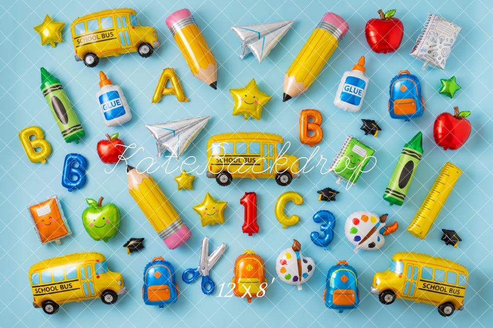 Kate Back to School Balloons School Bus Pencils Apples Blue Printed Backdrop Designed by Patty Roberts
