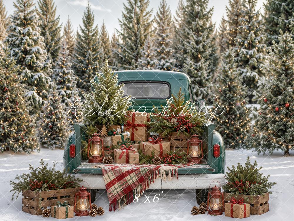 Kate Christmas Truck Gifts Pine Trees Plaid Blanket Snow Printed Backdrop Designed by Emetselch
