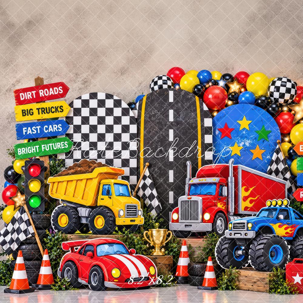 Kate Cake Smash All the Trucks Racing Cars Boys Printed Backdrop Designed by Laura Bybee
