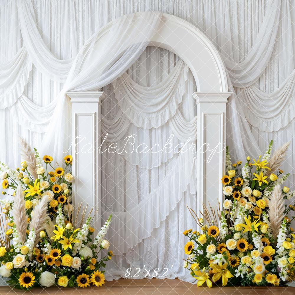 Kate Spring White Arch Yellow Sunflower Flower Arrangement Backdrop Designed by Mini MakeBelieve