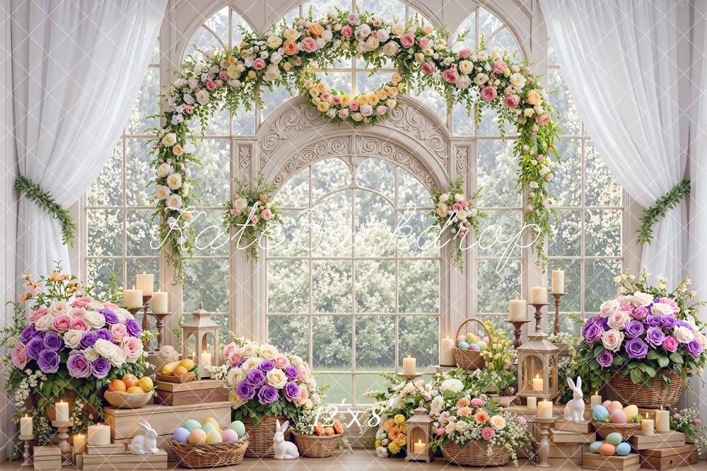 Kate Easter Bunny Flower Arch Pastel Eggs Candles Backdrop Designed by Mini MakeBelieve