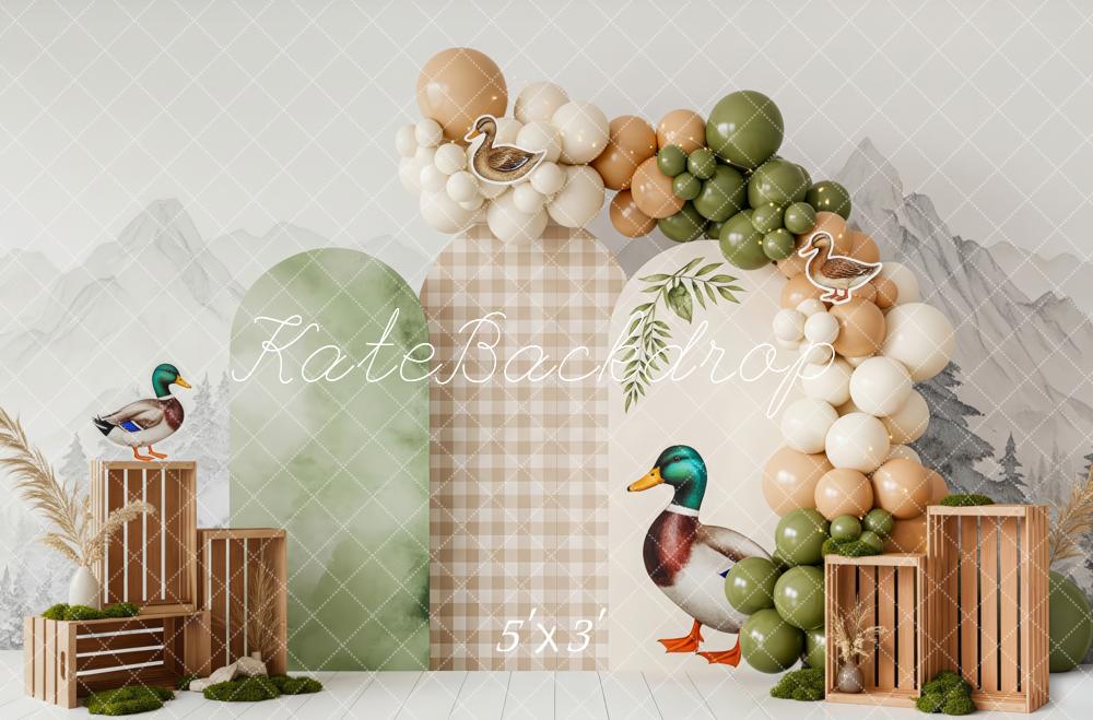 Kate Cake Smash Duck Balloon Arch Crate Mountain Printed Backdrop Printed Backdrop Designed by Patty Roberts