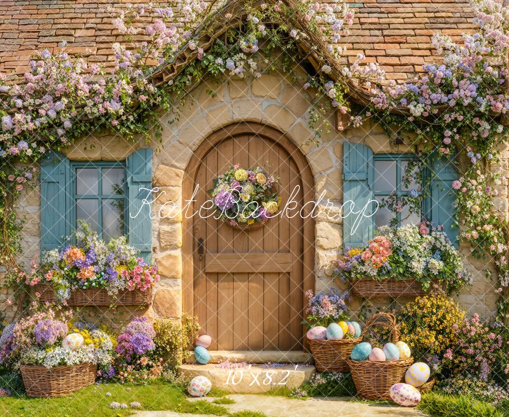 Kate Easter Bunny Floral Cottage Door Printed Backdrop Designed by Emetselch