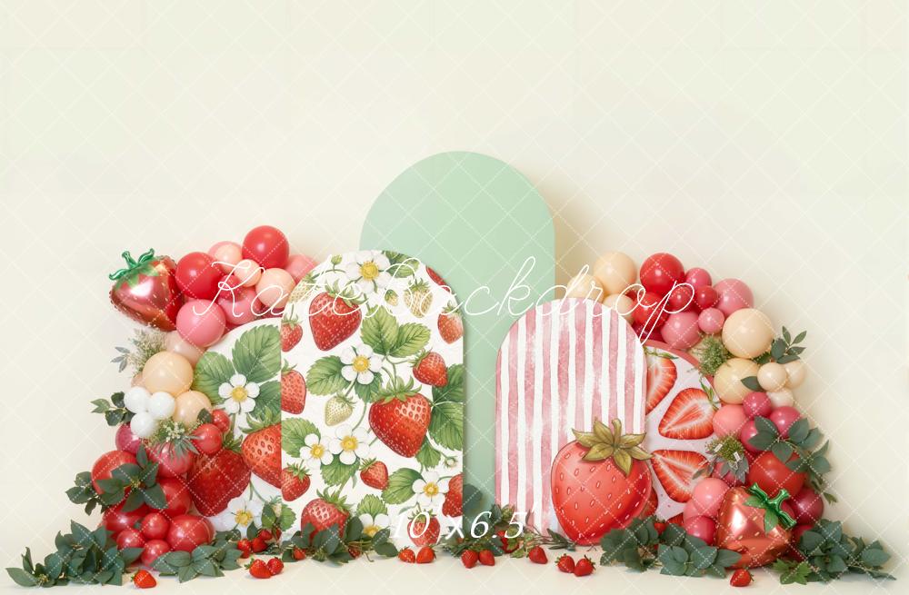 Kate Cake Smash Strawberry Balloon Arch Greenery Printed Backdrop Designed by Emetselch