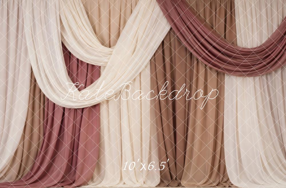 Kate Elegant Cream Brown Mauve Draped Fabric Printed Backdrop Designed by Vertigo Productions