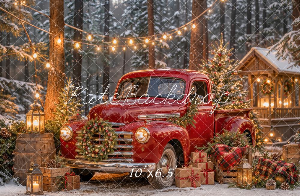 Lightning Deal Kate Christmas Truck Red Vintage Forest Lantern Gifts Cabin Printed Backdrop Designed by Emetselch