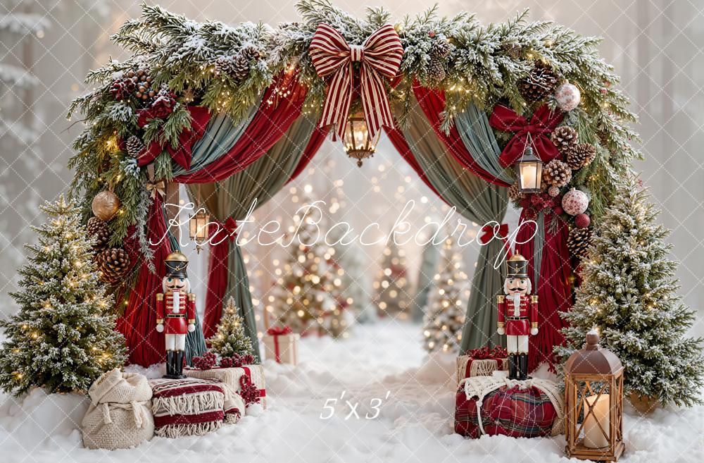 Kate Christmas Arch Bow Drapes Nutcracker Lanterns Trees Snow Printed Backdrop Designed by Emetselch