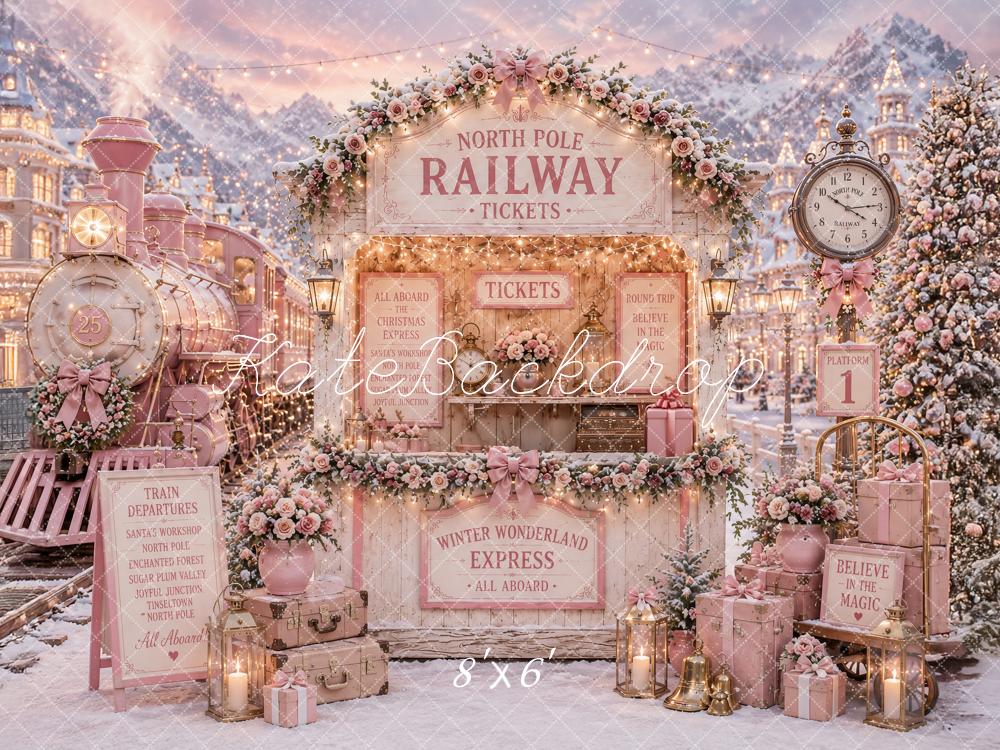 Kate Christmas Polar Train Tickets Pink Railway Snowy Printed Backdrop Designed by Ashley Paul