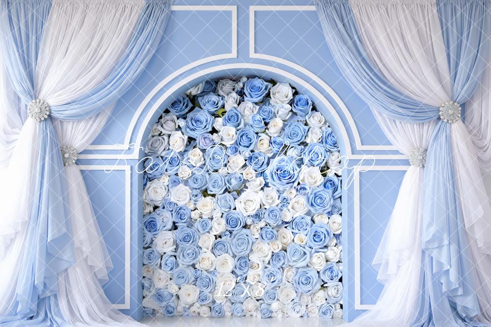 Kate Blue Flower Arch White Rose Curtain Printed Backdrop Designed by Mini MakeBelieve