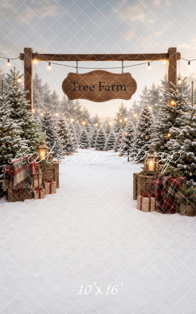 Kate Sweep Christmas Tree Farm Snowy Wood Arch Gifts Printed Backdrop Designed by Happy Squirrel Design