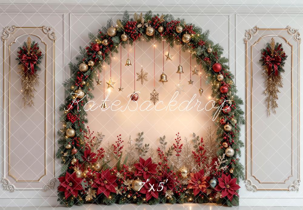 Kate Christmas Arch Ornaments Poinsettias Retro Wall Printed Backdrop Designed by Mini MakeBelieve