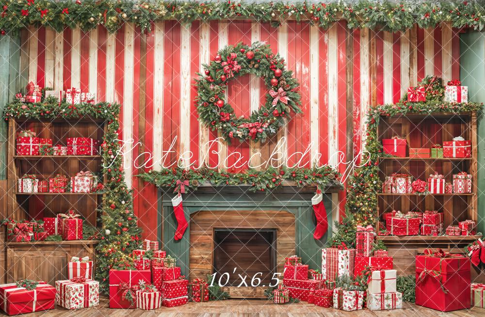 Kate Christmas Fireplace Red Wooden Wall Gifts Backdrop Designed by Emetselch
