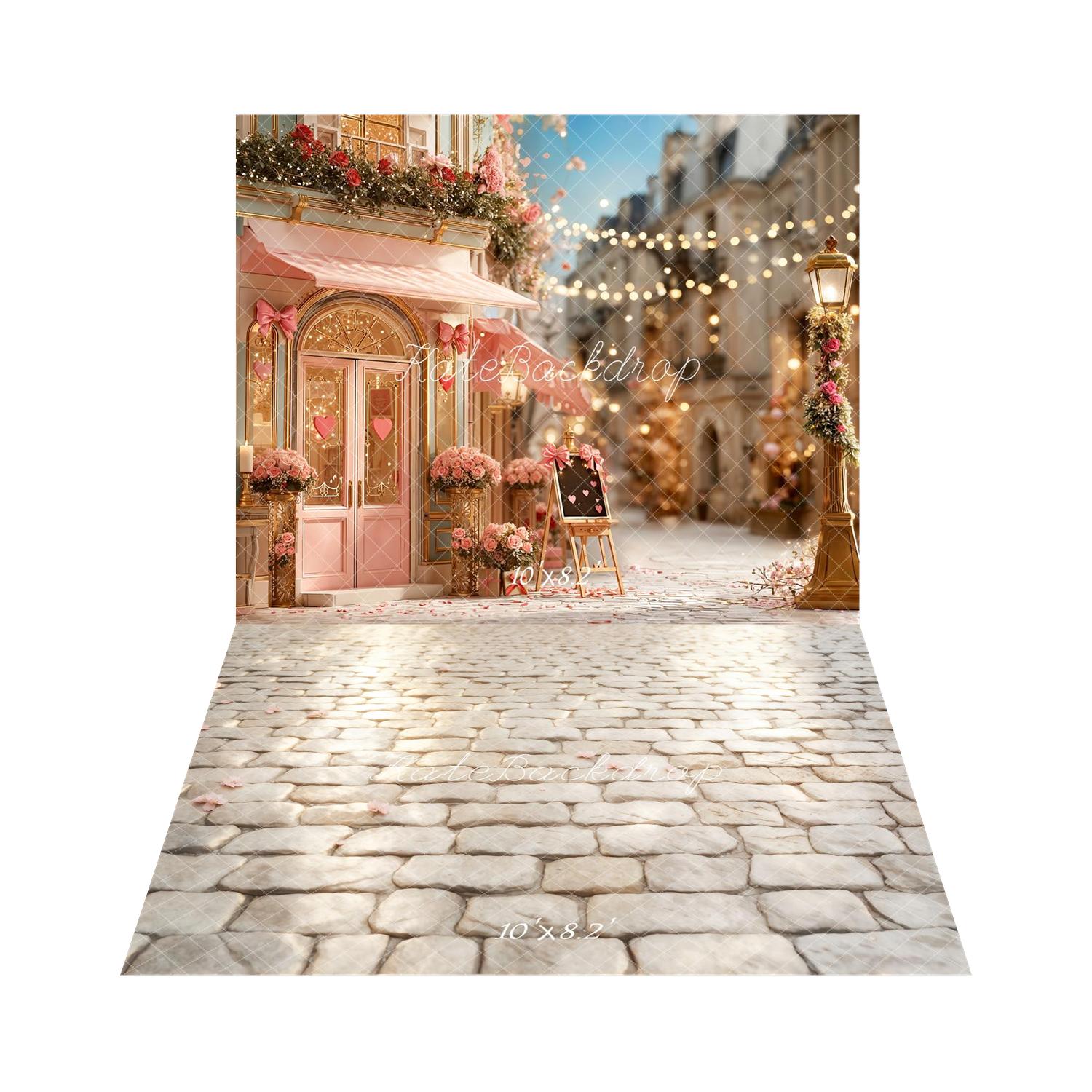 Kate Valentine's Day Café Pink Roses Printed Backdrop+Light Cobblestone Floor Printed Backdrop