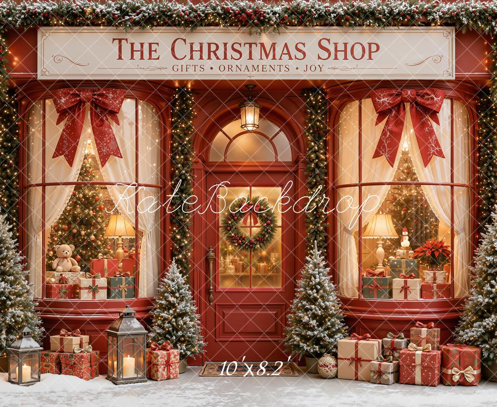 Kate Christmas Storefront Red Gift Boxes Christmas Trees Printed Backdrop Designed by Emetselch