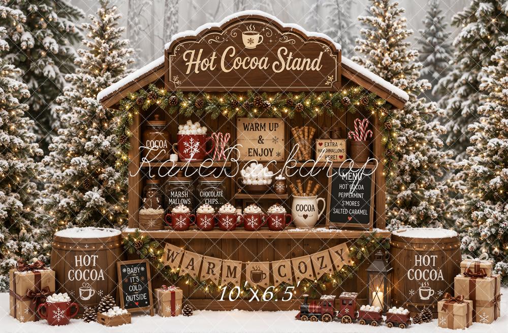 Kate Christmas Hot Cocoa Stand Snowy Forest Printed Backdrop Designed by Emetselch