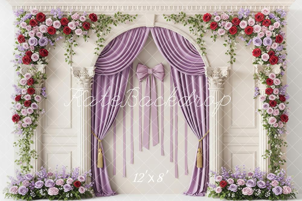 Kate Spring Flower Arch Purple Roses Curtains Columns Backdrop Designed by Patty Roberts