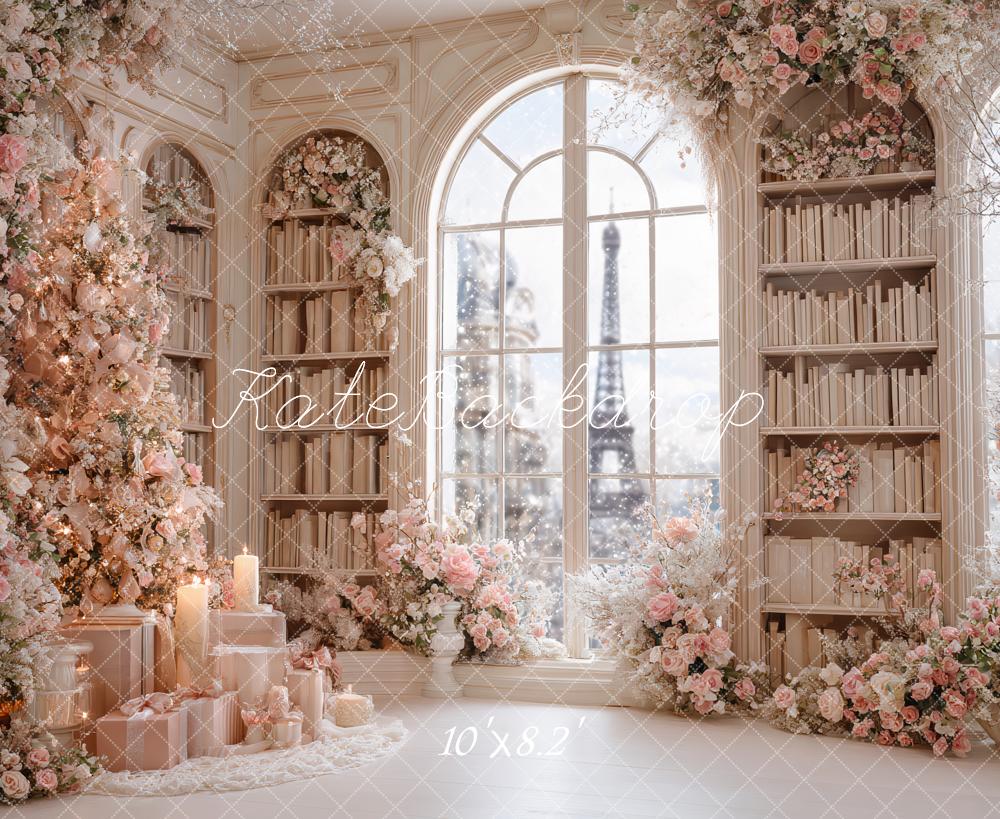 Kate Christmas Pink Floral Bookshelves Window Eiffel Tower Backdrop Designed by Ashley Paul