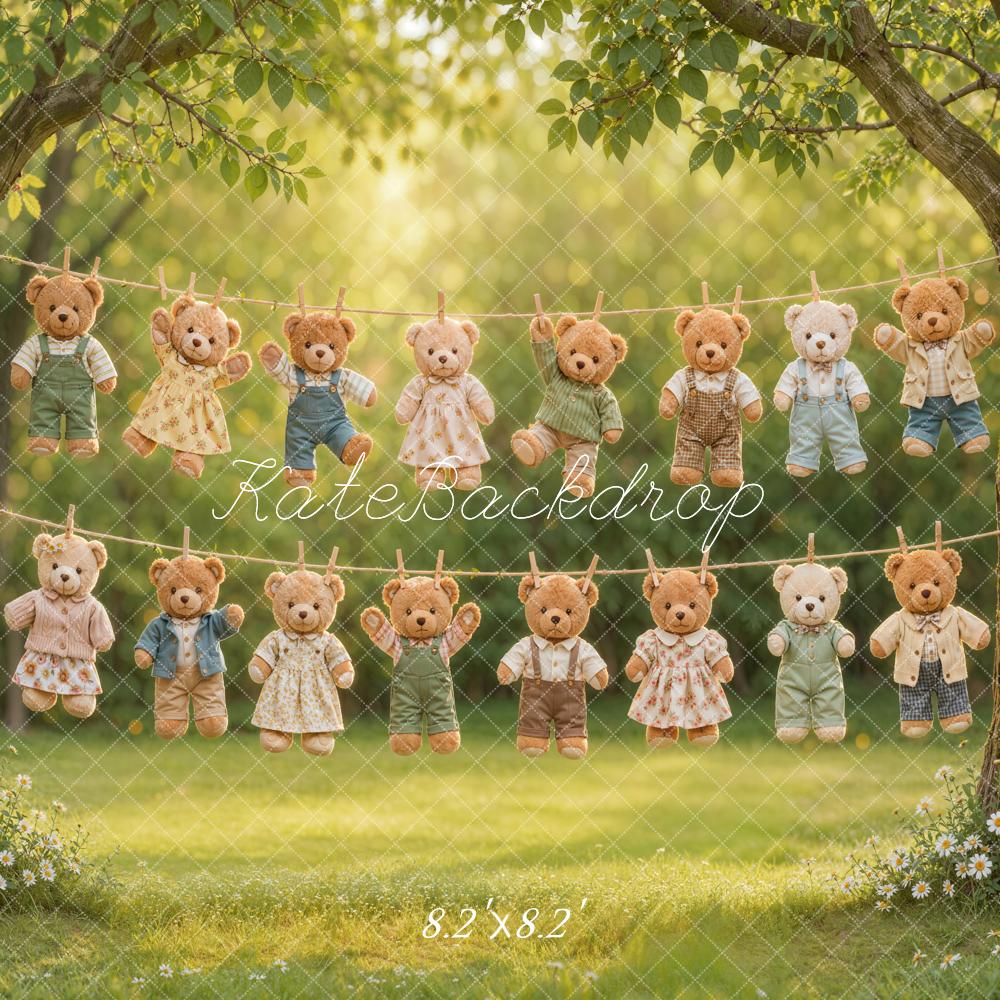 Kate Laundry Day Teddy Bears Clothesline Outdoor Trees Printed Backdrop Designed by Emetselch