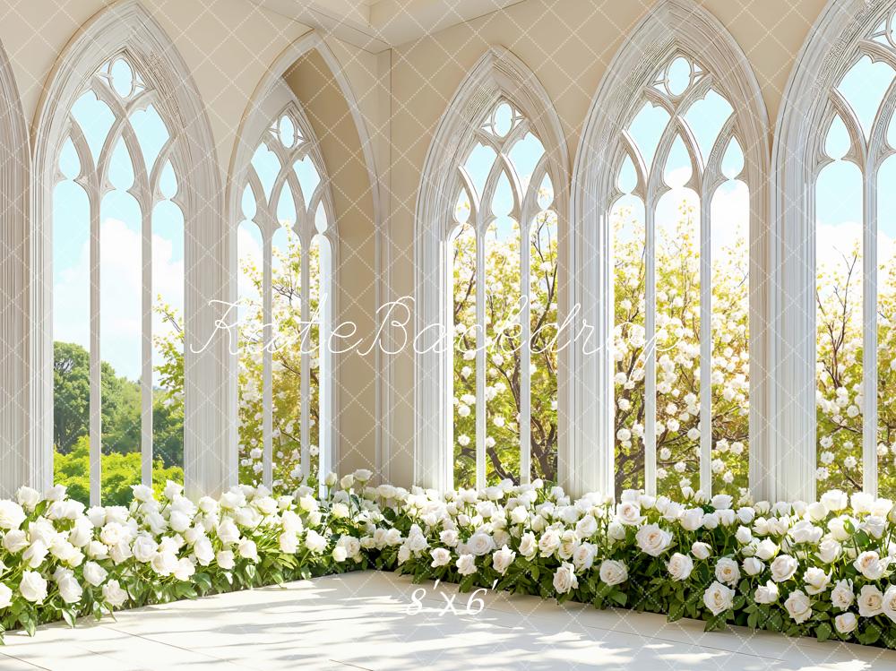 Kate Spring White Roses Gothic Arched Windows Backdrop Designed by Mini MakeBelieve