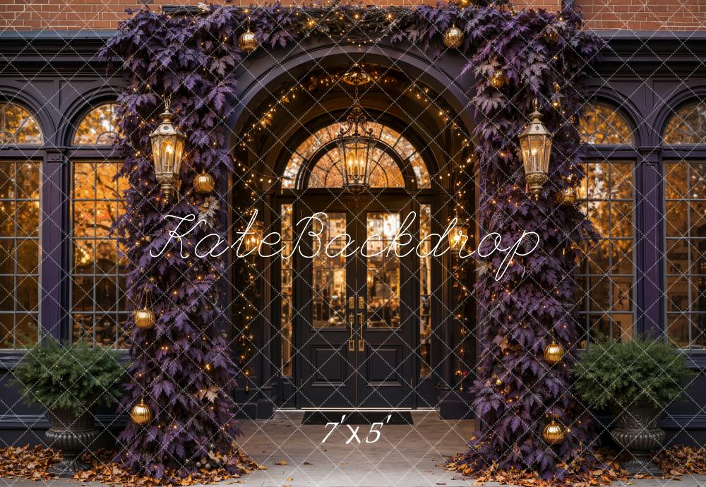 Kate Halloween Dark Purple Leaves Vintage Archway Entrance Printed Backdrop Designed by Emetselch