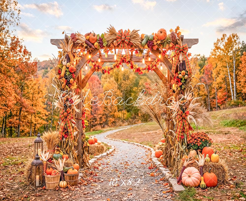 Kate Fall Harvest Pumpkin Archway Path Printed Outdoor Backdrop Designed by Angela Miller