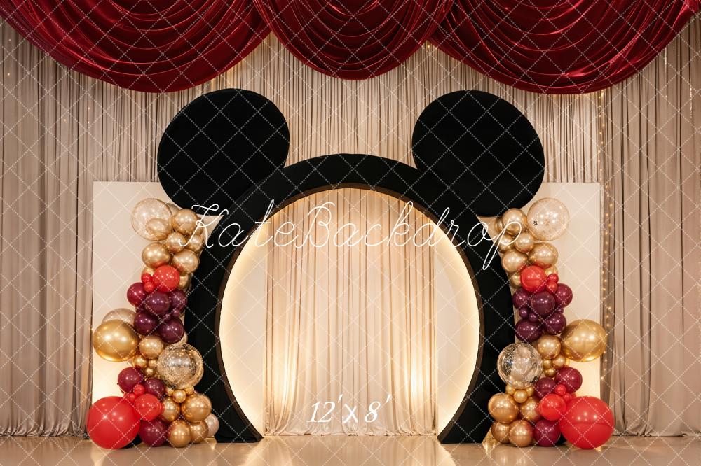 Kate Cake Smash Mouse Ears Balloon Arch Red Gold Drapes Backdrop Designed by Chain Photography