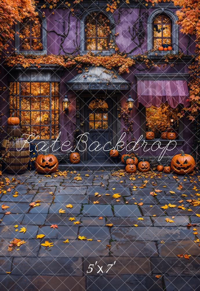 Kate Halloween Cottage Pumpkin Fallen Leaves Backdrop Designed by Emetselch