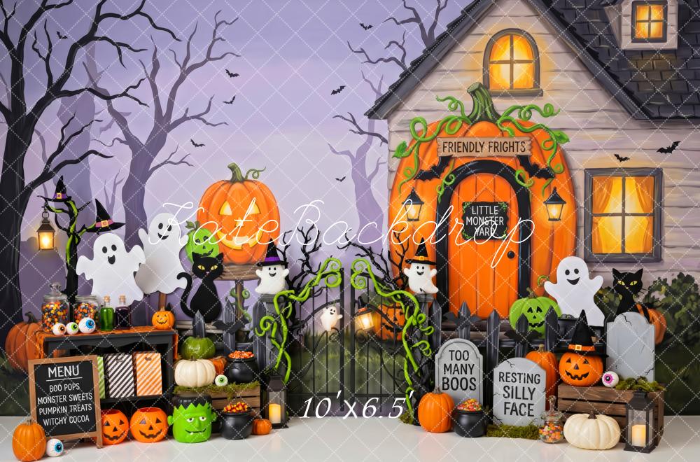Kate Halloween Trick Or Treat Haunted House Pumpkins Ghosts Printed Backdrop Designed by Patty Roberts